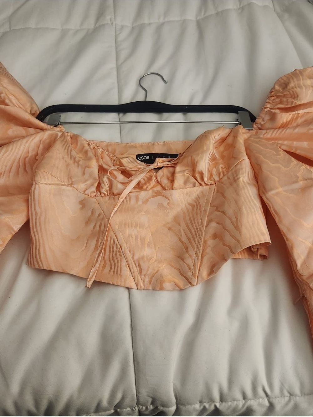 ASOS Peach Satin Off-Shoulder Puff Sleeve Crop Top